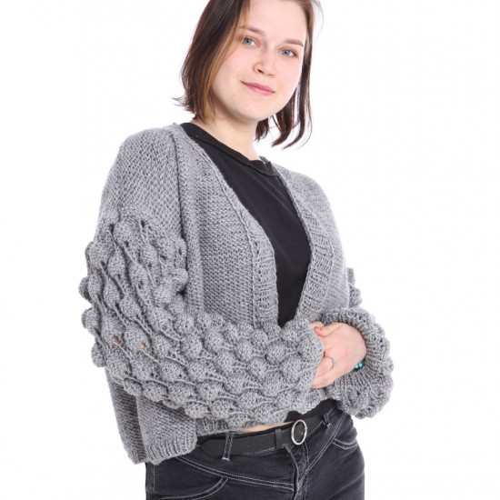 Knitted women's jacket with sleeves with balls "Silver Moon" code 120012 Knitted women's jacket with sleeves with balls "Silver Moon" code 120012